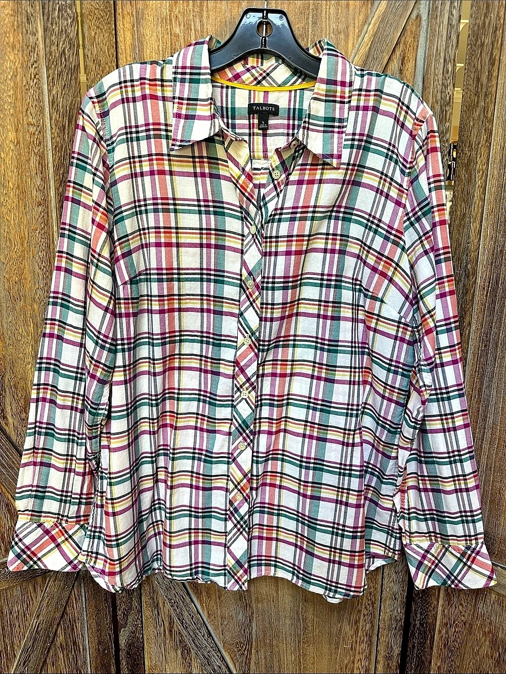 Talbots Poppy Plaid Button Down Long Sleeve Cotton Shirt Size Large
